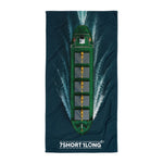 Towel with a boat design and '7Short 1Long' branding on a white background