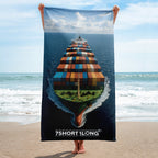 Ocean Titan cargo ship beach towel featuring a front view of a cargo vessel with detailed cargo ship design by 7SHORT1LONG®.
