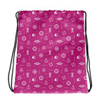 Pink drawstring bag with white maritime pattern on a white background