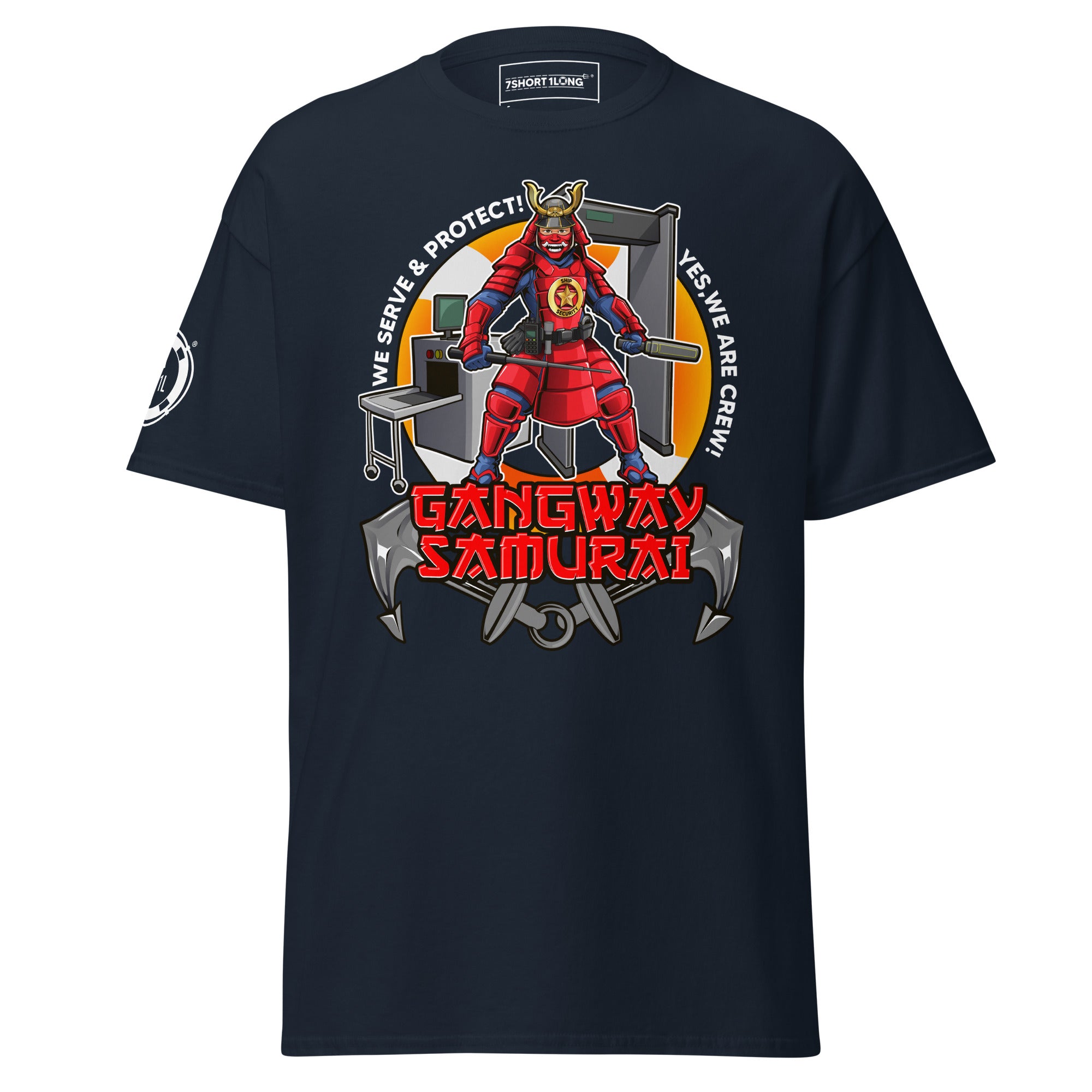 Chief officer ship security department T-shirt by 7SHORT1LONG®, featuring a navy blue design with ship and security graphics.