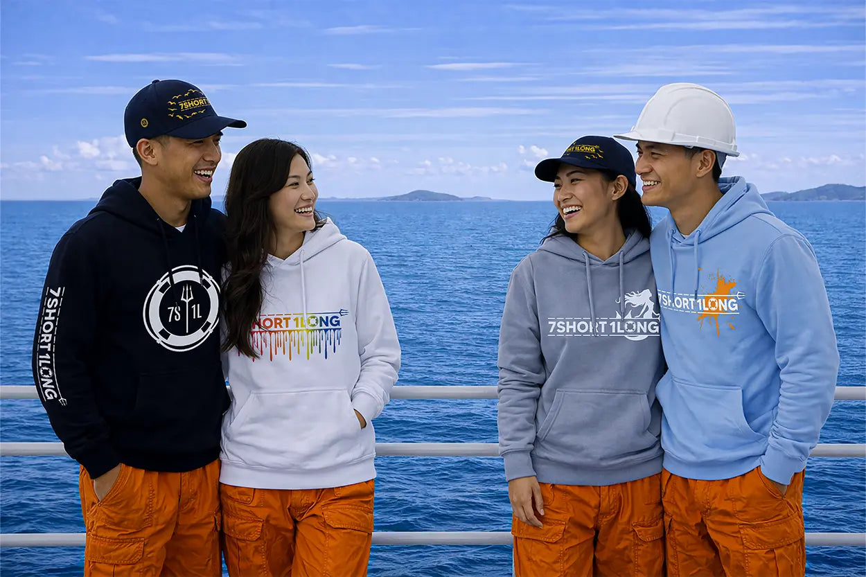four sailor wearing hoodies for seafarers on a open deck in the background the ocean