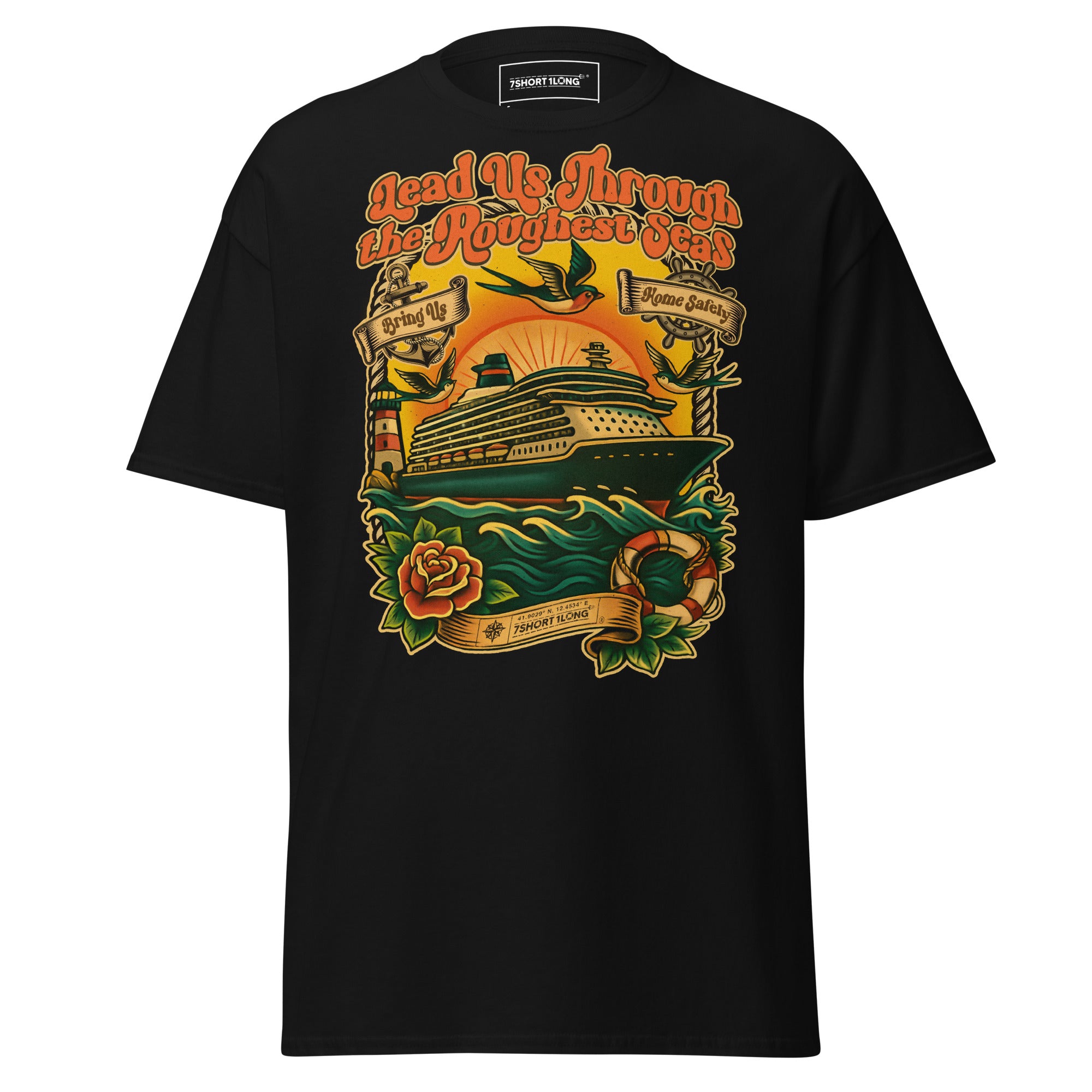 Seafarer tattoo-themed cruise ship T-shirt by 7SHORT1LONG® featuring nautical designs on a casual men's shirt. Main image