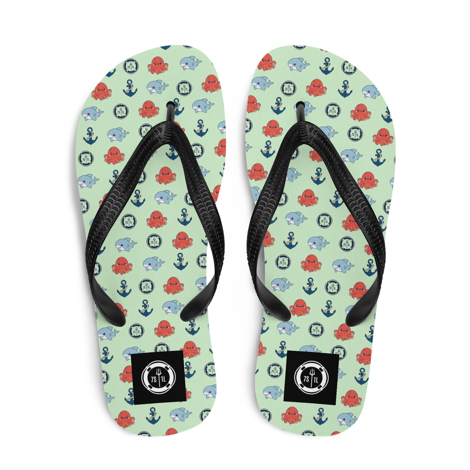 Pair of flip-flops with a nautical pattern on a light green background Main image