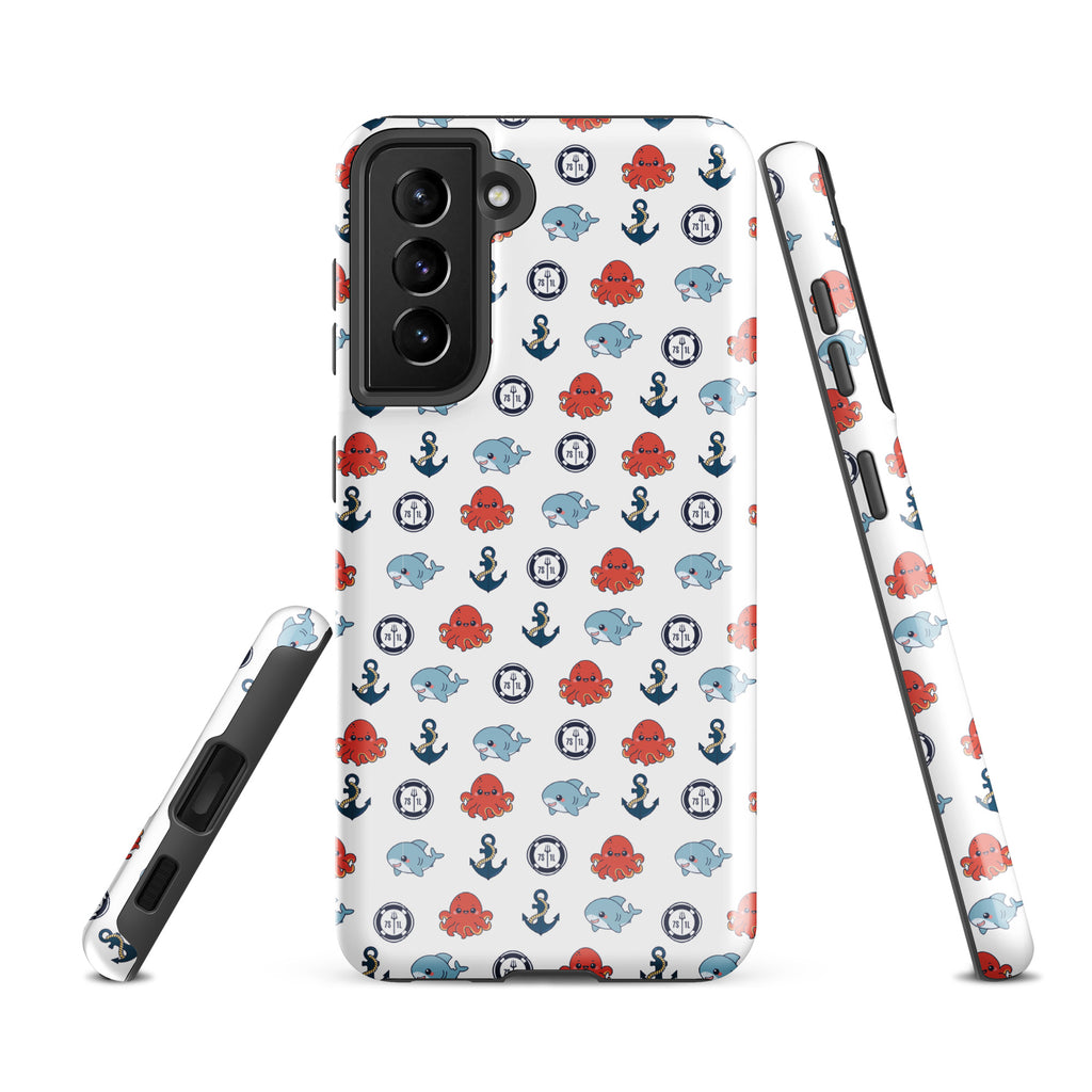 Cute ocean party Samsung phone case with fun marine design by 7SHORT1LONG® featuring colorful sea creatures and waves.