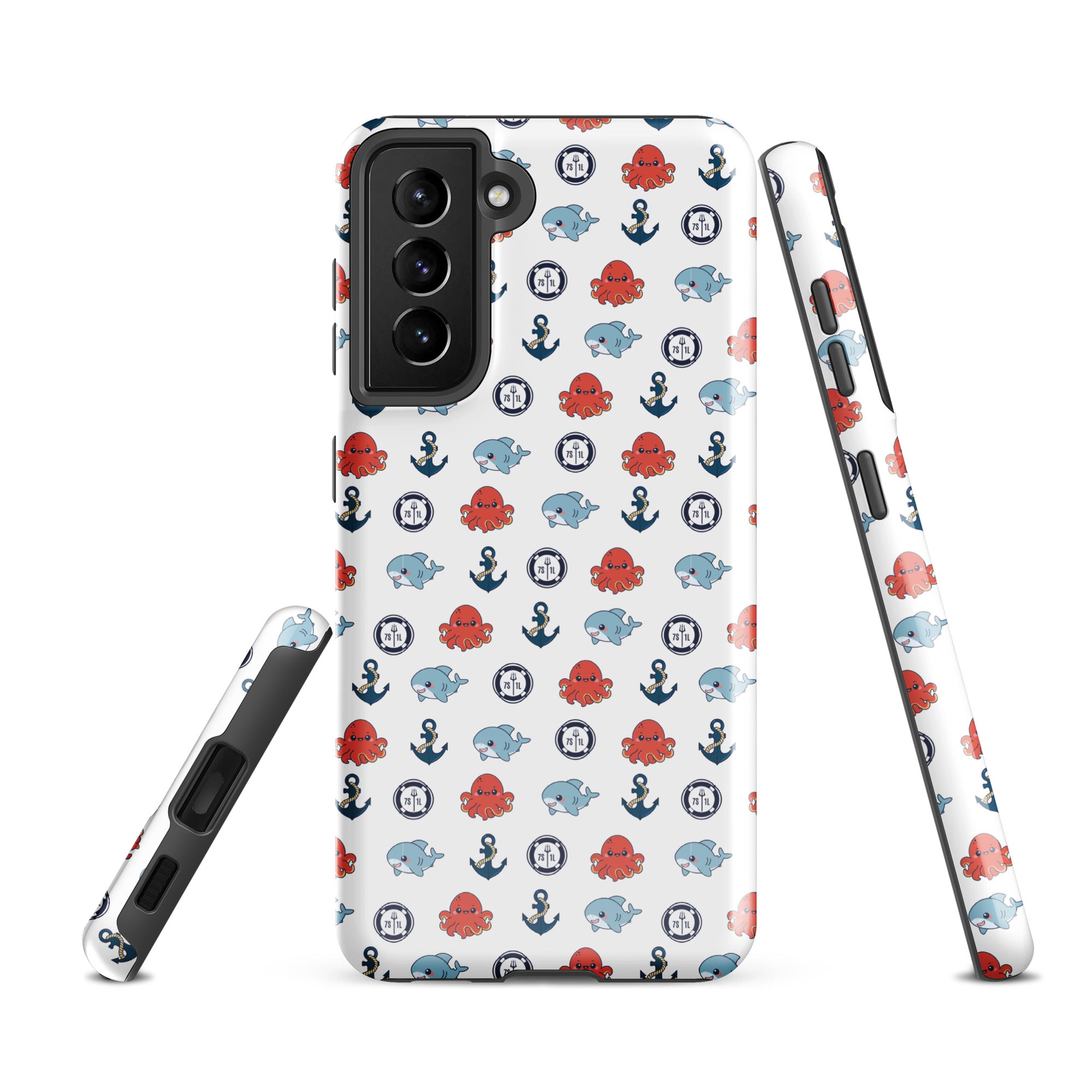 Cute ocean party Samsung phone case with fun marine design by 7SHORT1LONG® featuring colorful sea creatures and waves.
