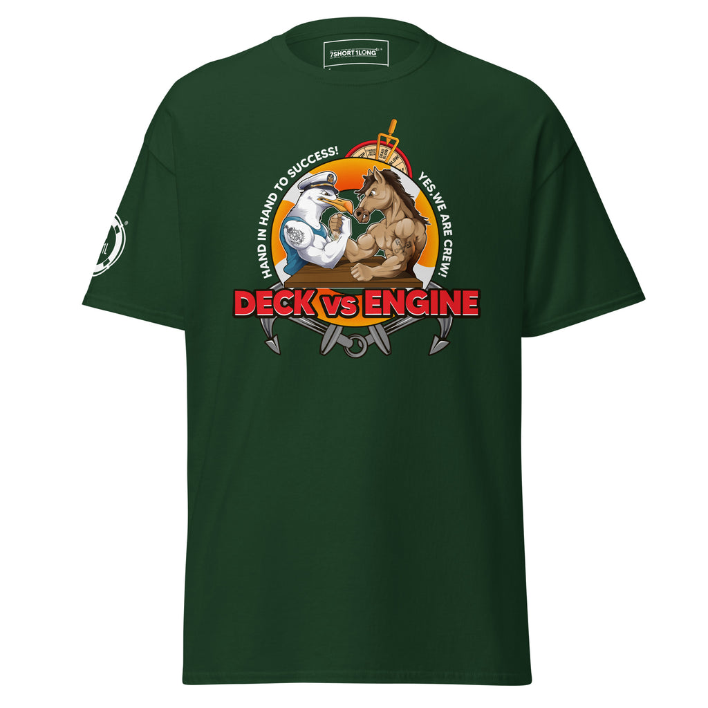 Deck vs Engine Department T-shirt by 7SHORT1LONG® featuring a casual crew neck design with a nautical-themed graphic print.