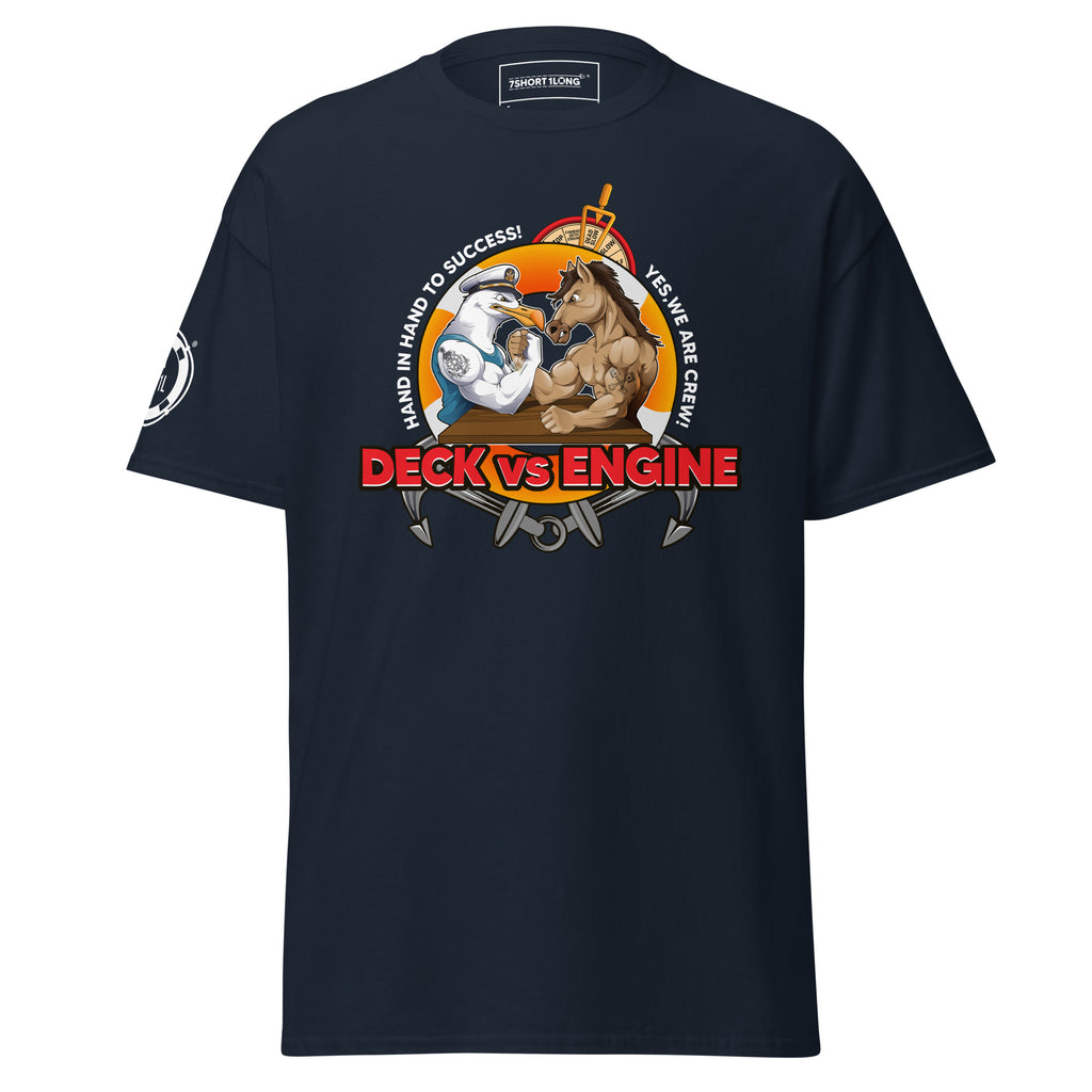 Deck vs Engine Department T-shirt by 7SHORT1LONG® featuring a casual design on a comfortable fabric.