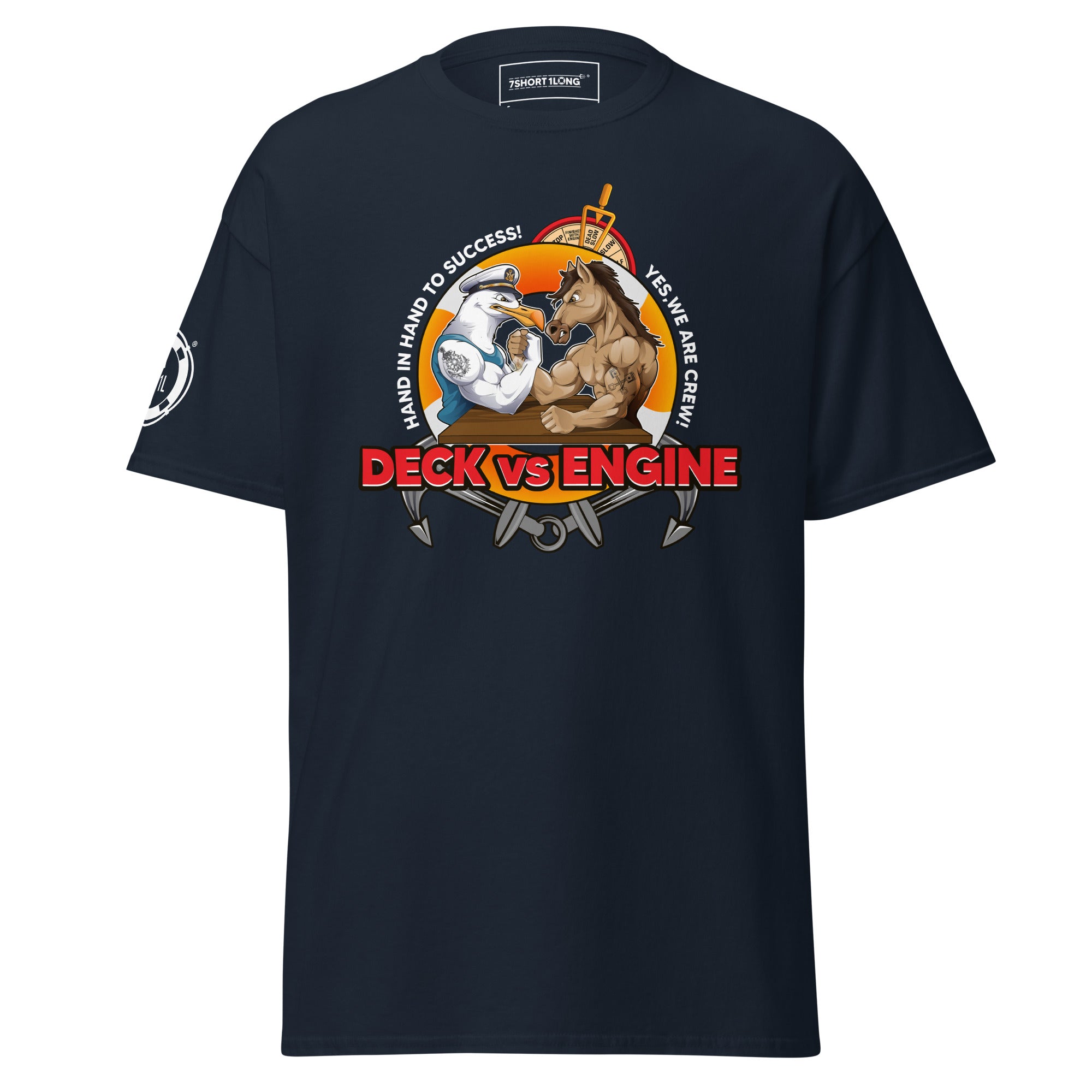 Deck vs Engine Department T-shirt by 7SHORT1LONG® featuring a casual design on a comfortable fabric.