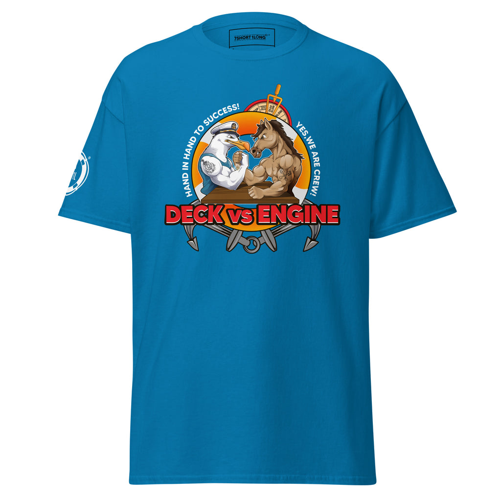 Deck vs Engine Department T-shirt by 7SHORT1LONG® featuring a graphic of deck and engine areas on a cruise ship.