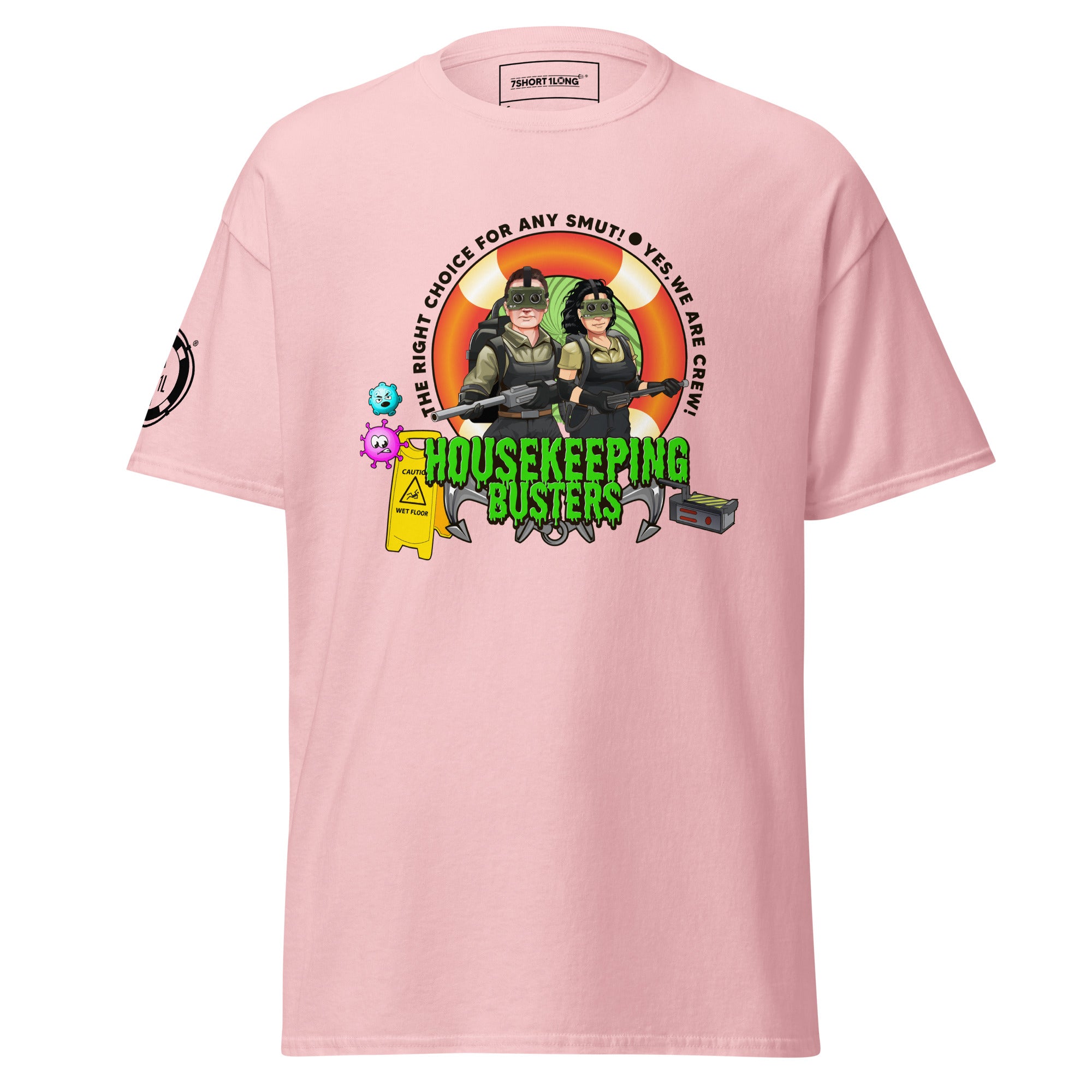 Housekeeping Department T-shirt by 7SHORT1LONG® featuring humorous crew design on white cotton fabric.