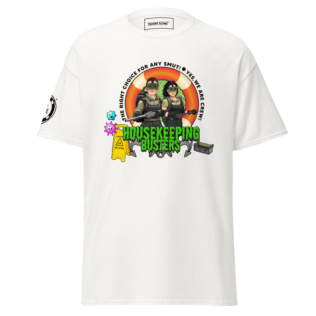 7SHORT1LONG® housekeeping department T-shirt featuring a comfortable fit and clear printed logo on front.