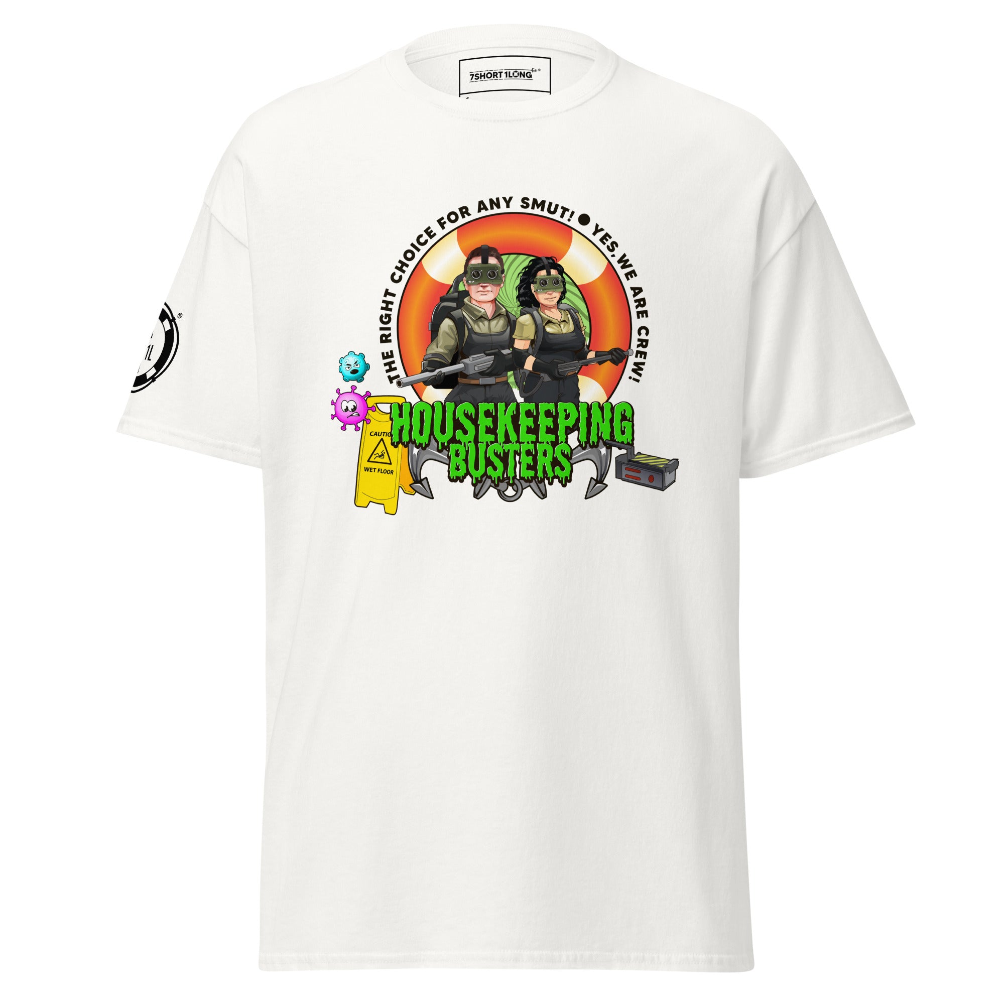 7SHORT1LONG® housekeeping department T-shirt featuring a comfortable fit and clear printed logo on front.