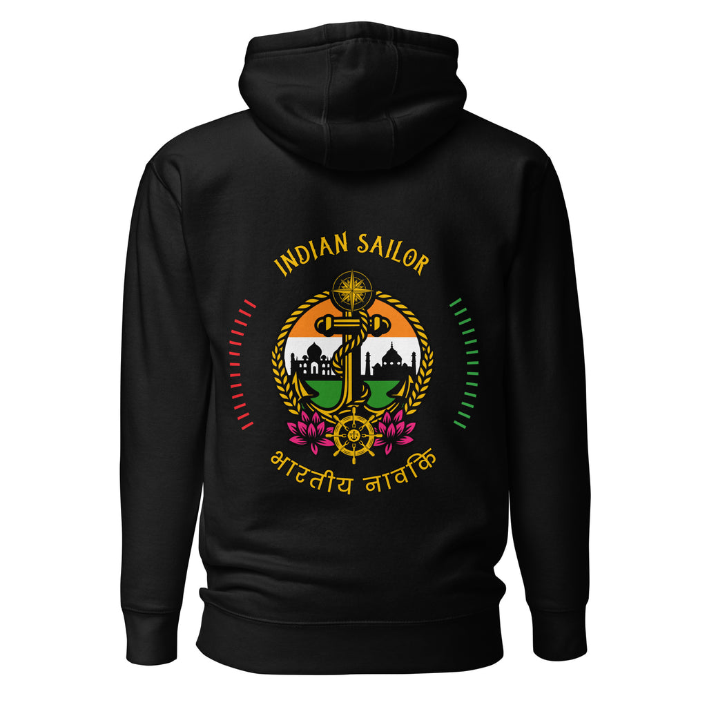 Indian Sailor Hoodie by 7SHORT1LONG® featuring navy blue fabric and sailor-inspired design with a hood and maritime details.