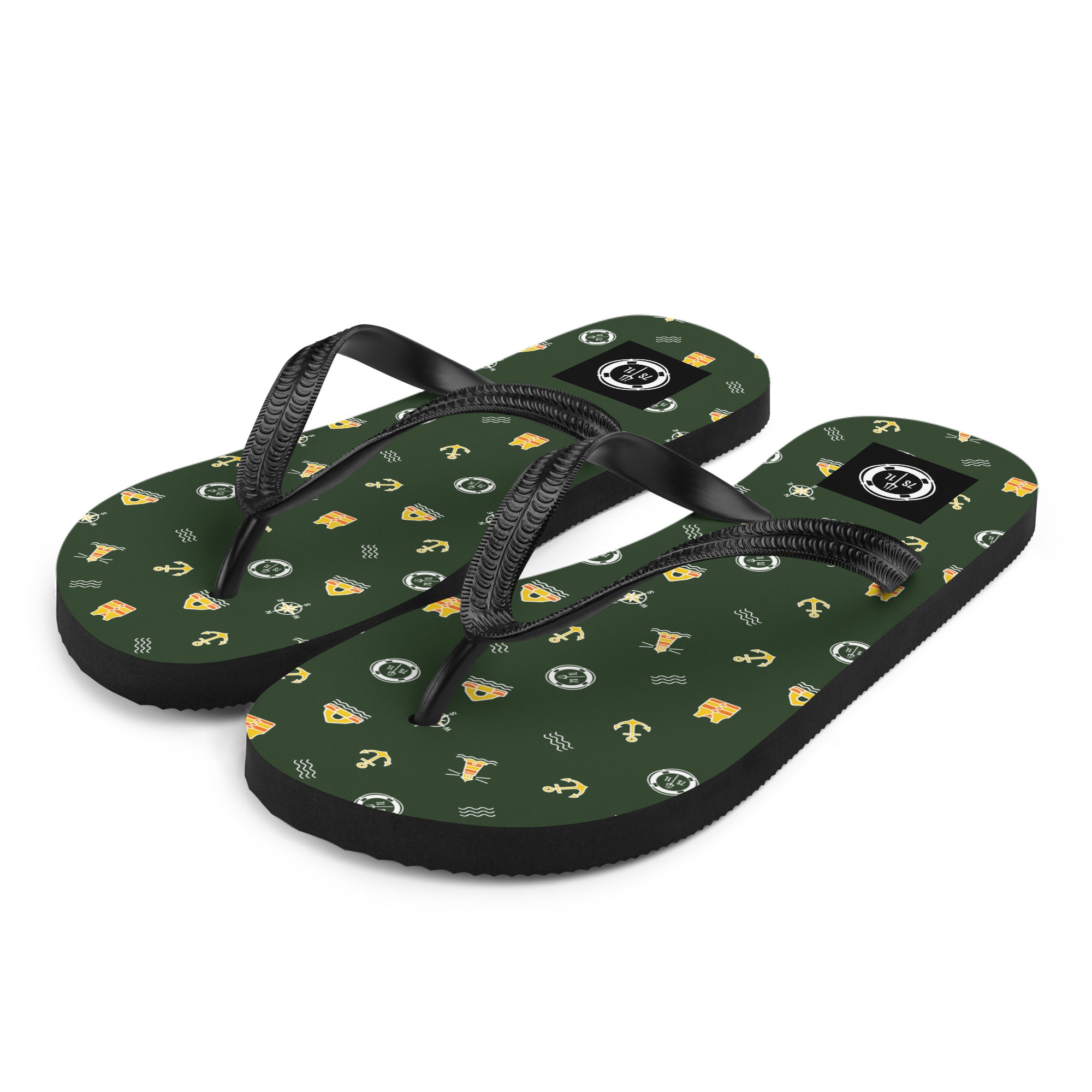 7SHORT1LONG nautical cruise ship flip flops with ocean pattern and liferaft symbols, casual maritime footwear on sandy surface