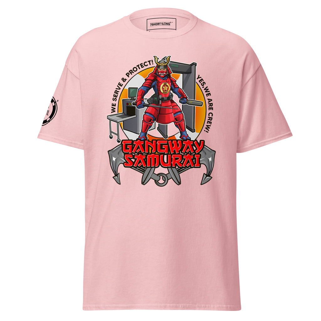 Maritime security department T-shirt by 7SHORT1LONG® featuring a ship security emblem and maritime design on a navy fabric.