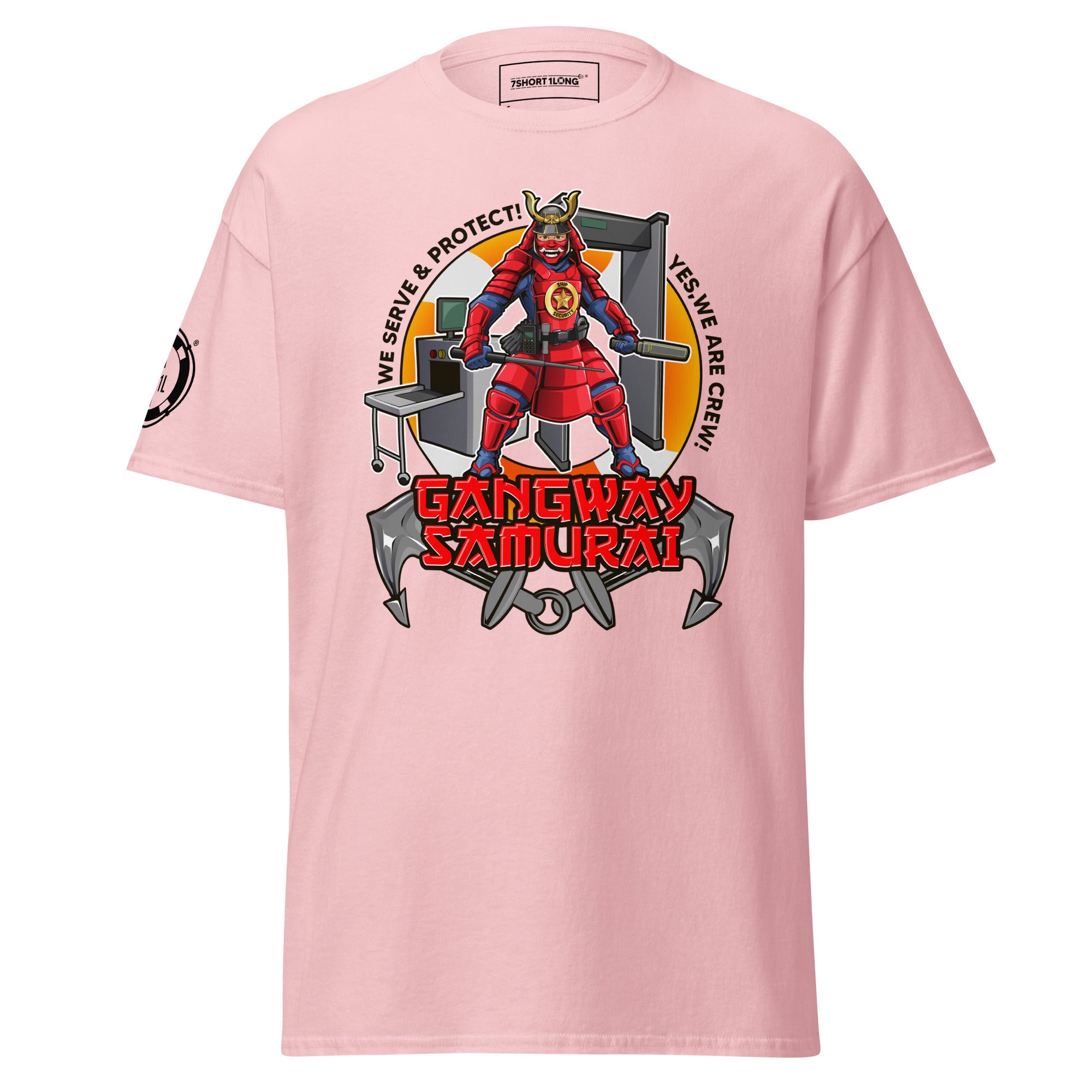 Maritime security department T-shirt by 7SHORT1LONG® featuring a ship security emblem and maritime design on a navy fabric.