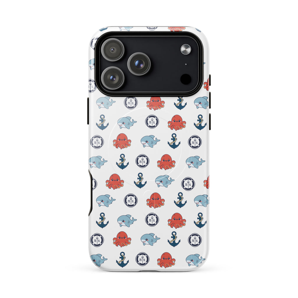 Phone case with nautical pattern featuring baby octopuses, baby shark