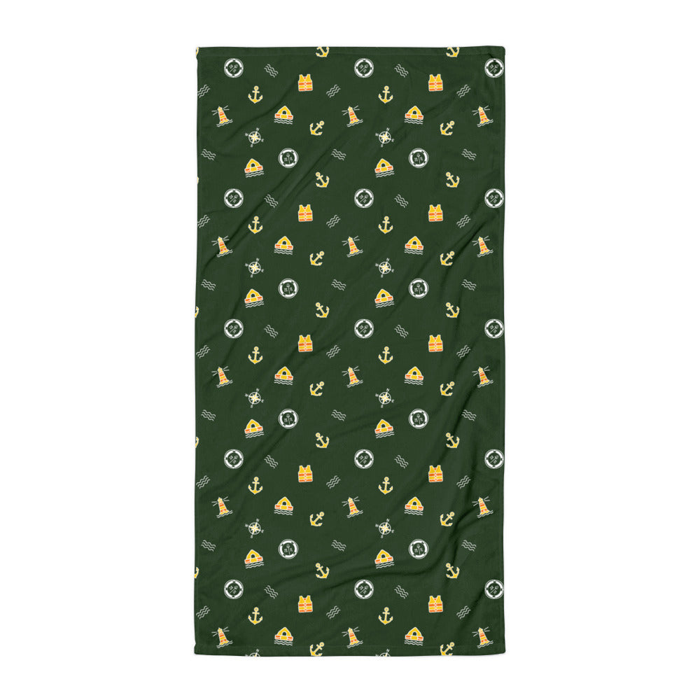 Green Anchor Lighthouse beach towel with nautical ocean pattern, inspired by SOLAS, from 7SHORT1LONG® featuring safety-at-sea design.