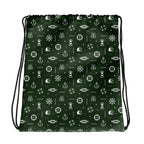 Drawstring bag with maritime pattern on a green background