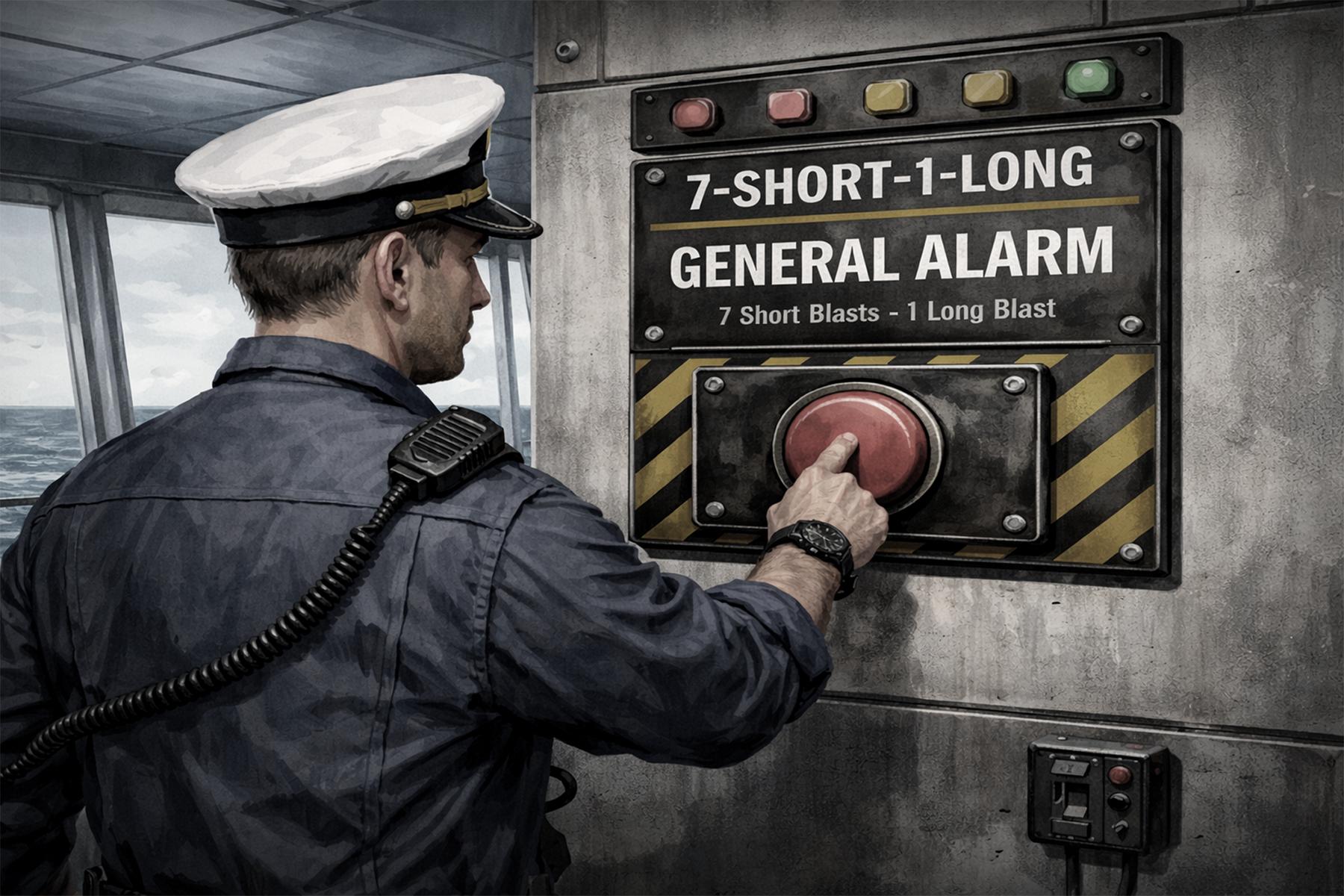 A person in a captain's uniform pressing a large red button on a control panel with a general alarm system.