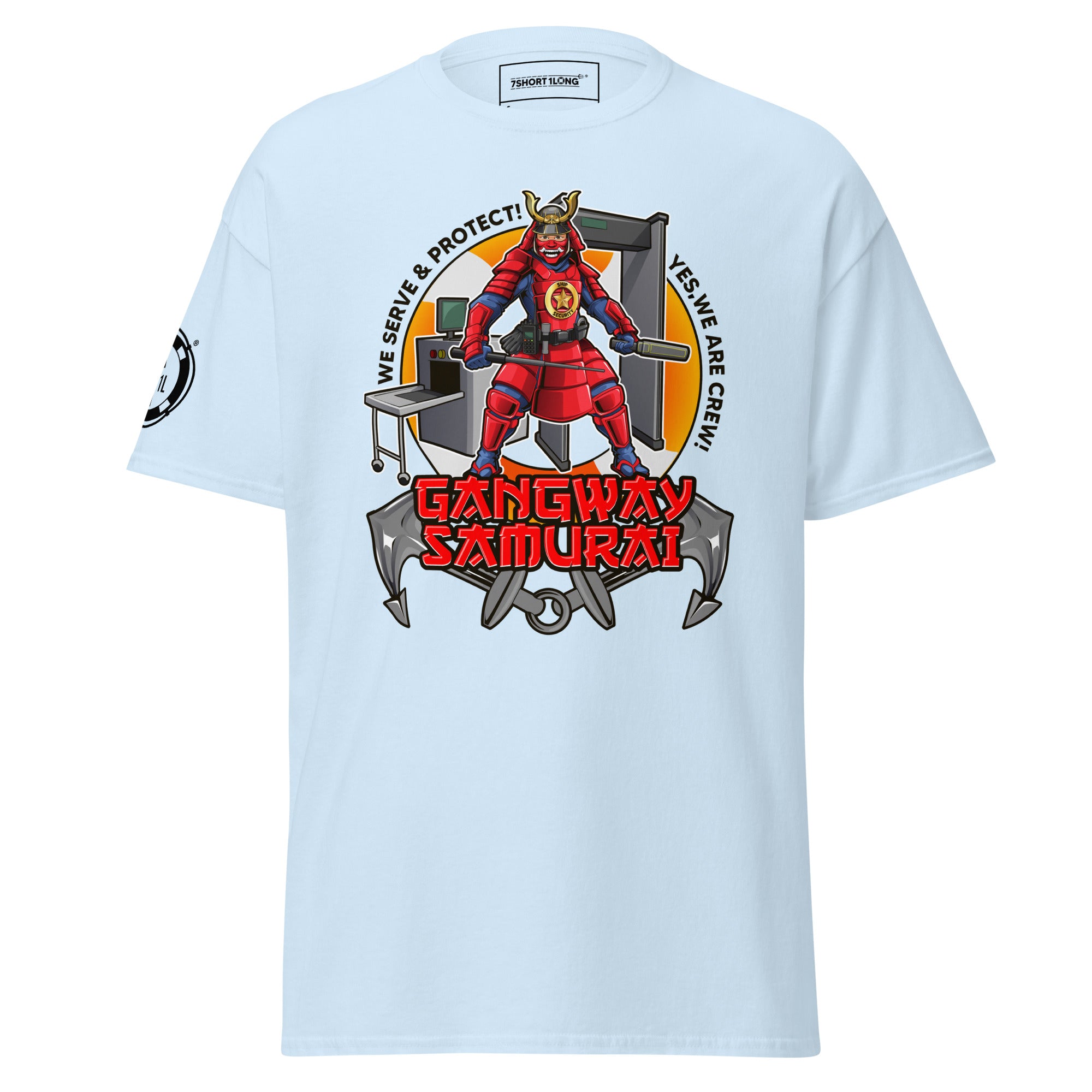 7SHORT1LONG® ship security department T-shirt featuring a crew logo and maritime-themed design on soft cotton fabric.