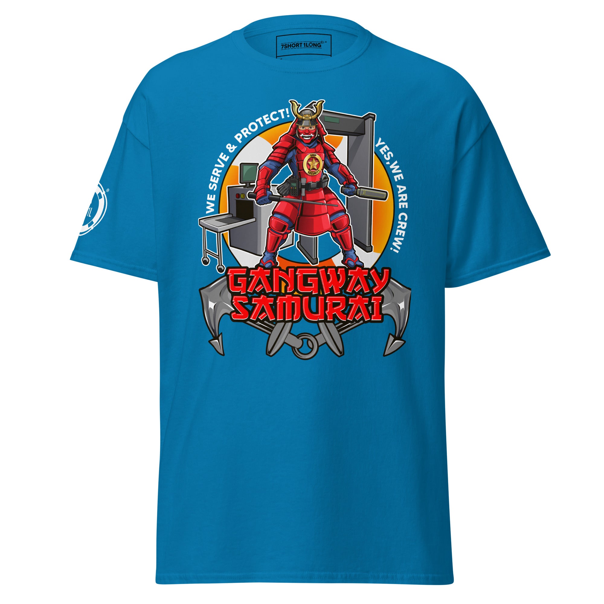 7SHORT1LONG® ship security department T-shirt featuring a maritime security officer design on a casual crew neck shirt.