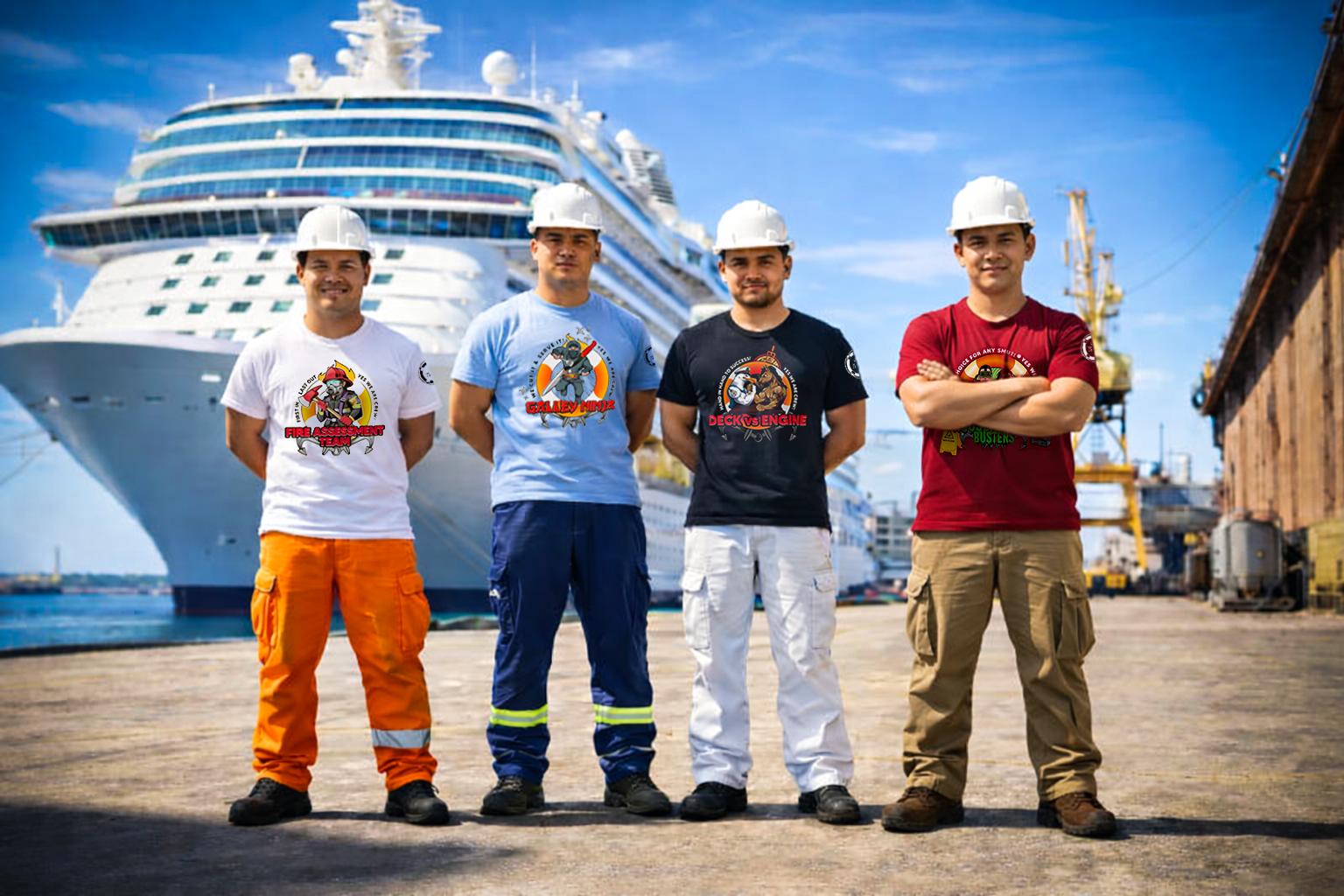 Crewmember in a front of a crusie ship wearing cloth for sailors and crewmembers