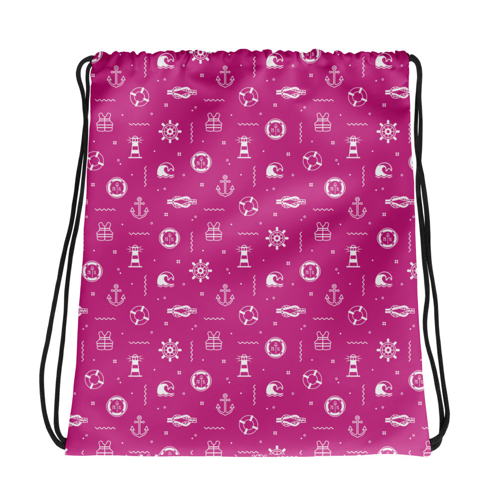 Pink drawstring bag with white maritime pattern on a white background