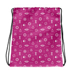 Pink drawstring bag with white maritime pattern on a white background
