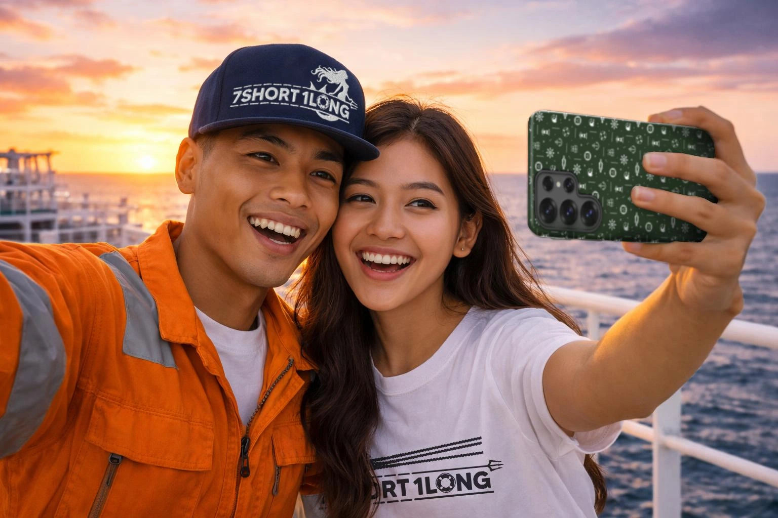 Two people taking a selfie on a cruise ship with a Samsung phone and a maritime pattern case at sunset.