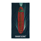 Towel with a red and green Tanker design on a dark blue ocean, featuring '7 Short 1 Long' branding.