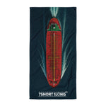 Towel with a red and green Tanker design on a dark blue ocean, featuring '7 Short 1 Long' branding.