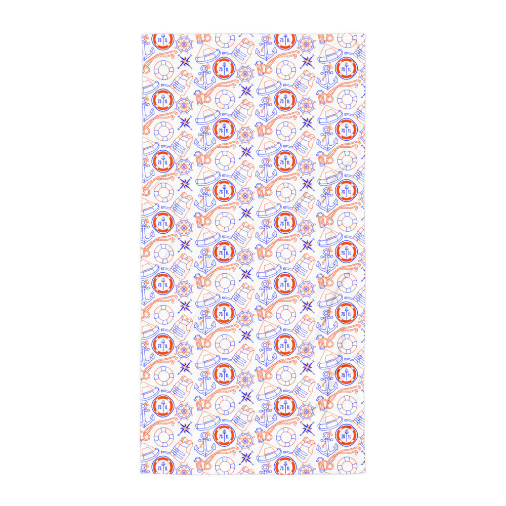 Patterned fabric with decorative elements from maritime style on a white background