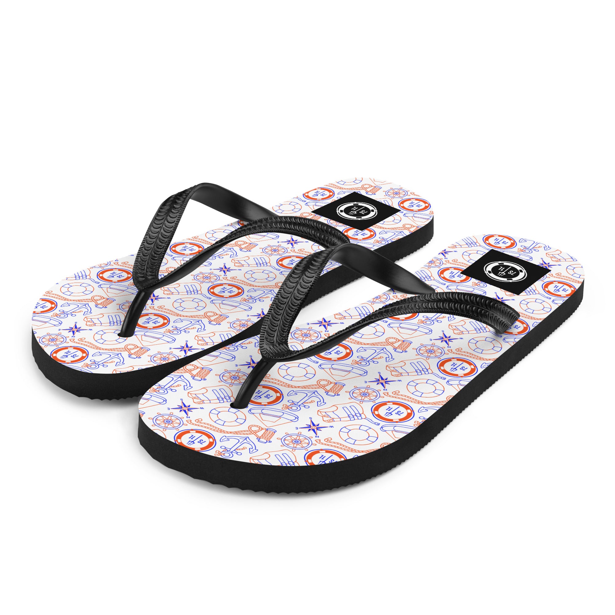Red, white, and blue Coast Guard flip flops by 7SHORT1LONG® featuring nautical security pattern and casual sandal design.