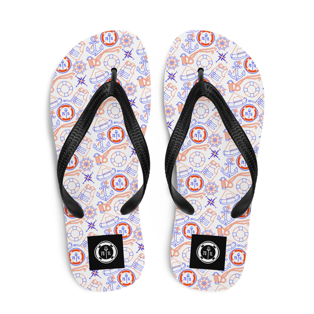 Red, white, and blue Coast Guard flip flops with nautical security pattern by 7SHORT1LONG®, featuring a casual sandal design.