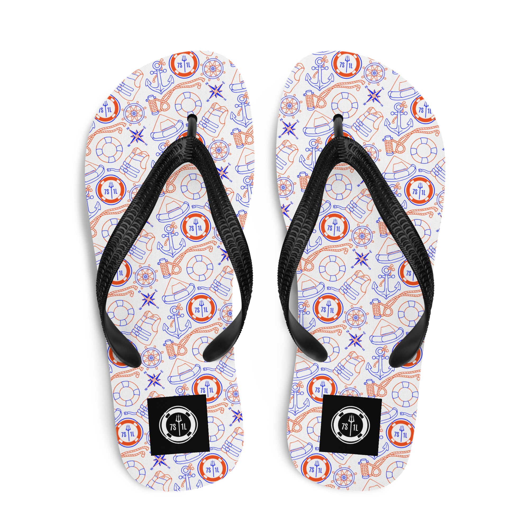 Red, white, and blue Coast Guard flip flops with nautical security pattern by 7SHORT1LONG®, featuring a casual sandal design.