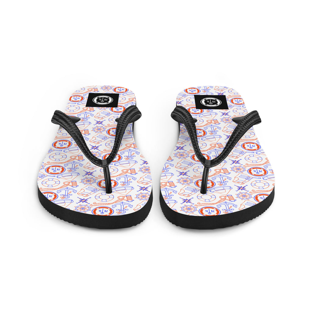 Red, white, and blue Coast Guard flip flops by 7SHORT1LONG® featuring nautical security pattern on casual sandals.
