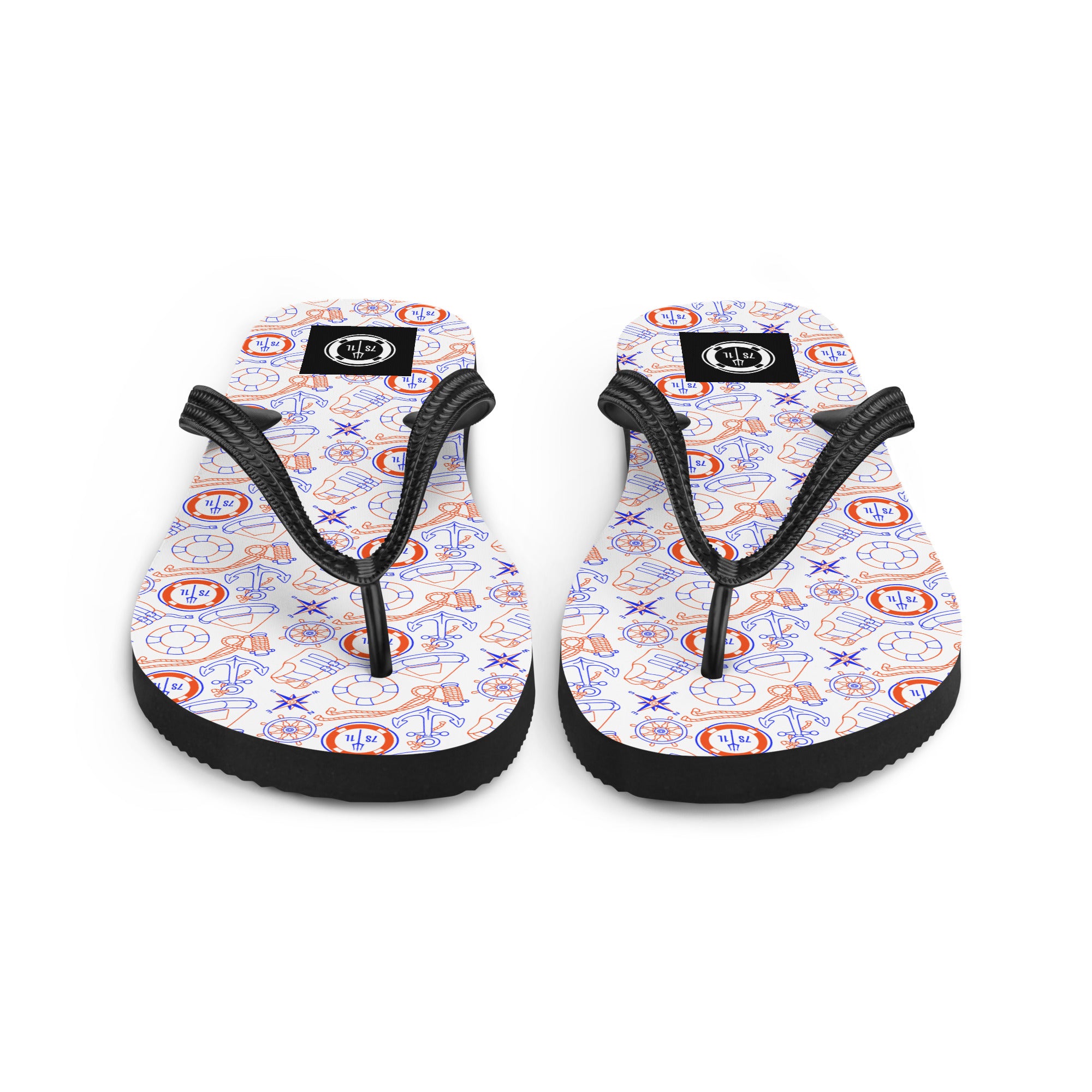 Red, white, and blue Coast Guard flip flops by 7SHORT1LONG® featuring nautical security pattern on casual sandals.