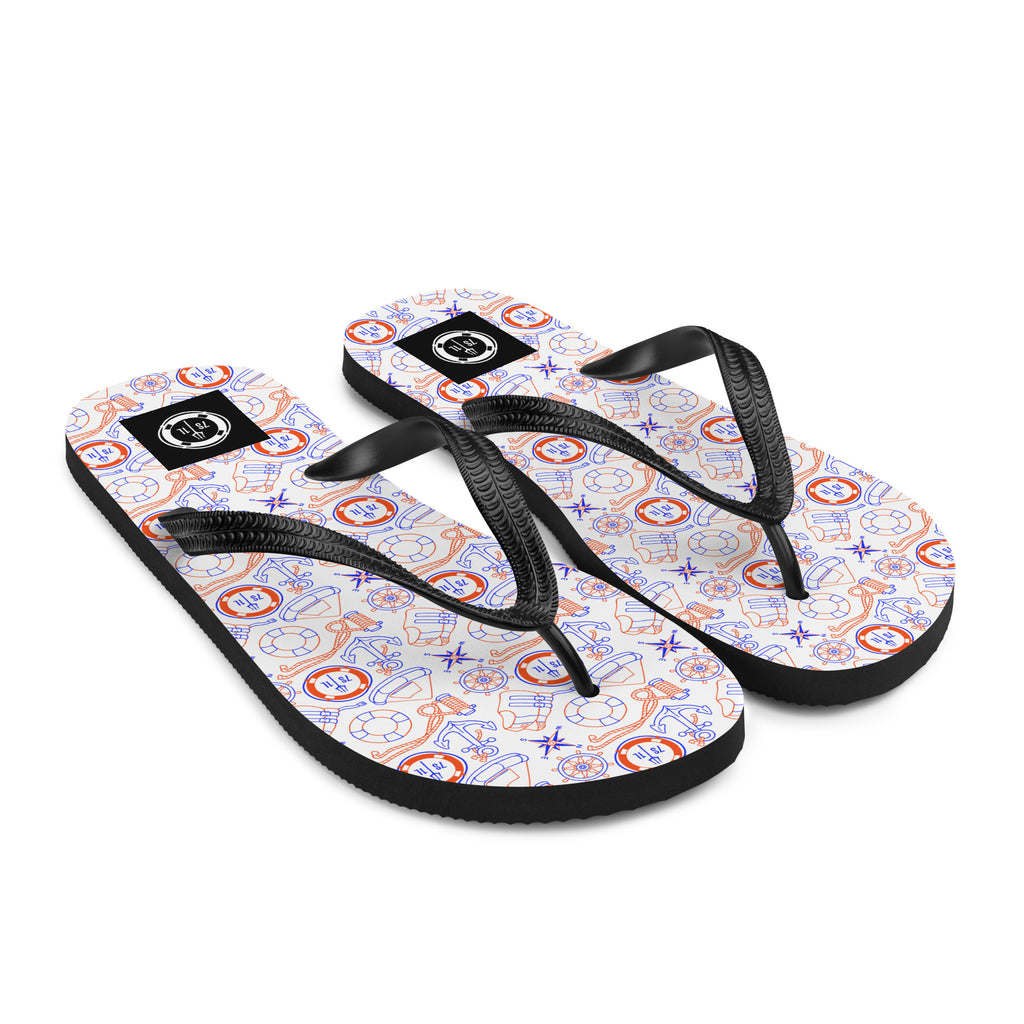 Red, white, and blue Coast Guard flip flops by 7SHORT1LONG® featuring nautical security pattern and casual sandal design.