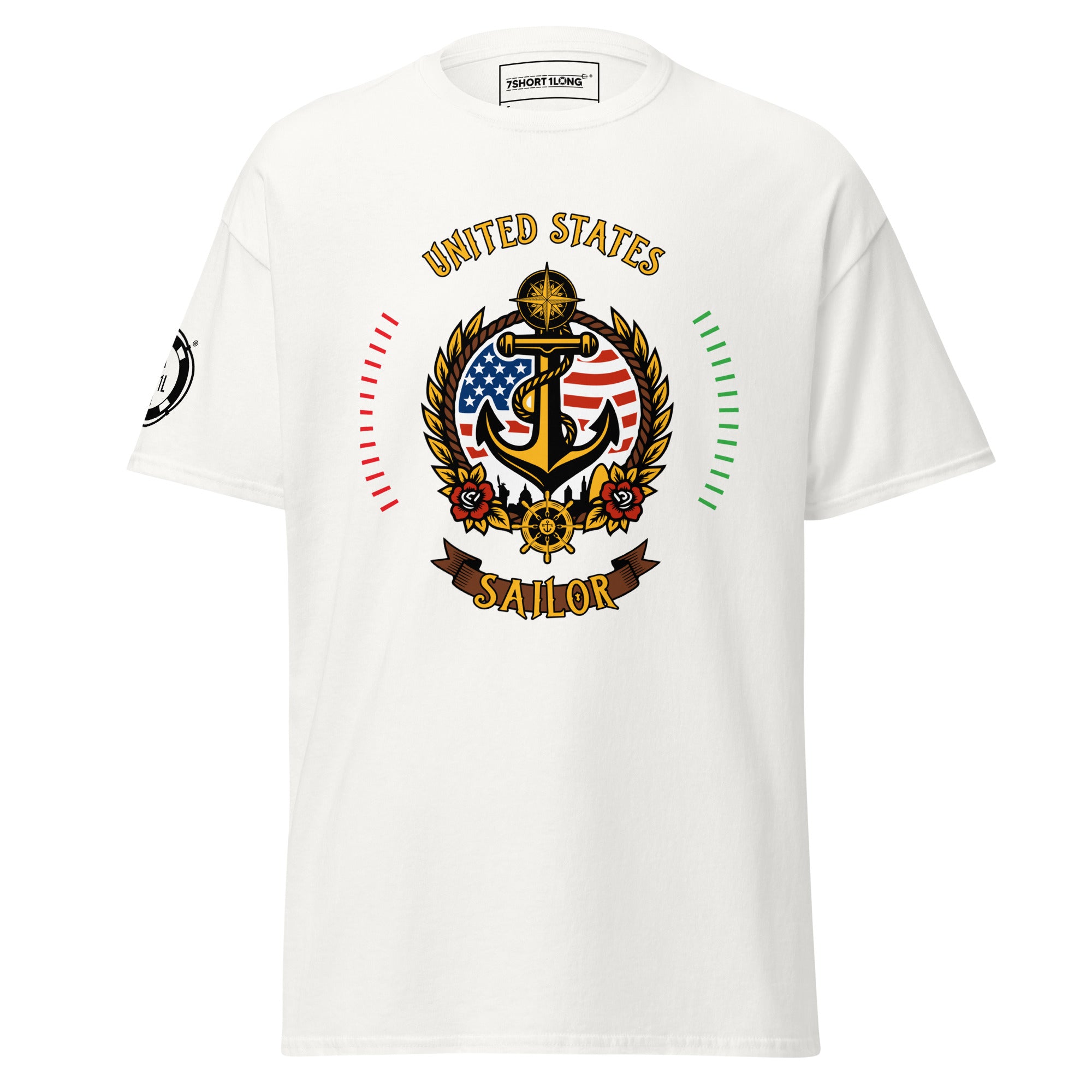 United States Sailor T-Shirt by 7SHORT1LONG® featuring a patriotic sailor graphic on a casual cotton shirt. Immagine principale del prodotto