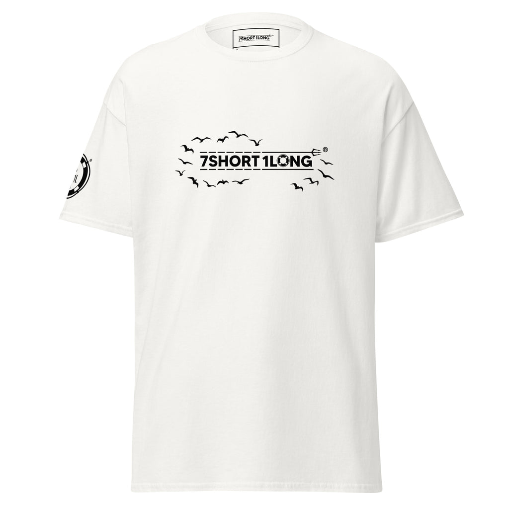 White Seagull Club Maritime Seafarer T-Shirt with 7SHORT1LONG logo and flying birds graphic, clean nautical streetwear tee
