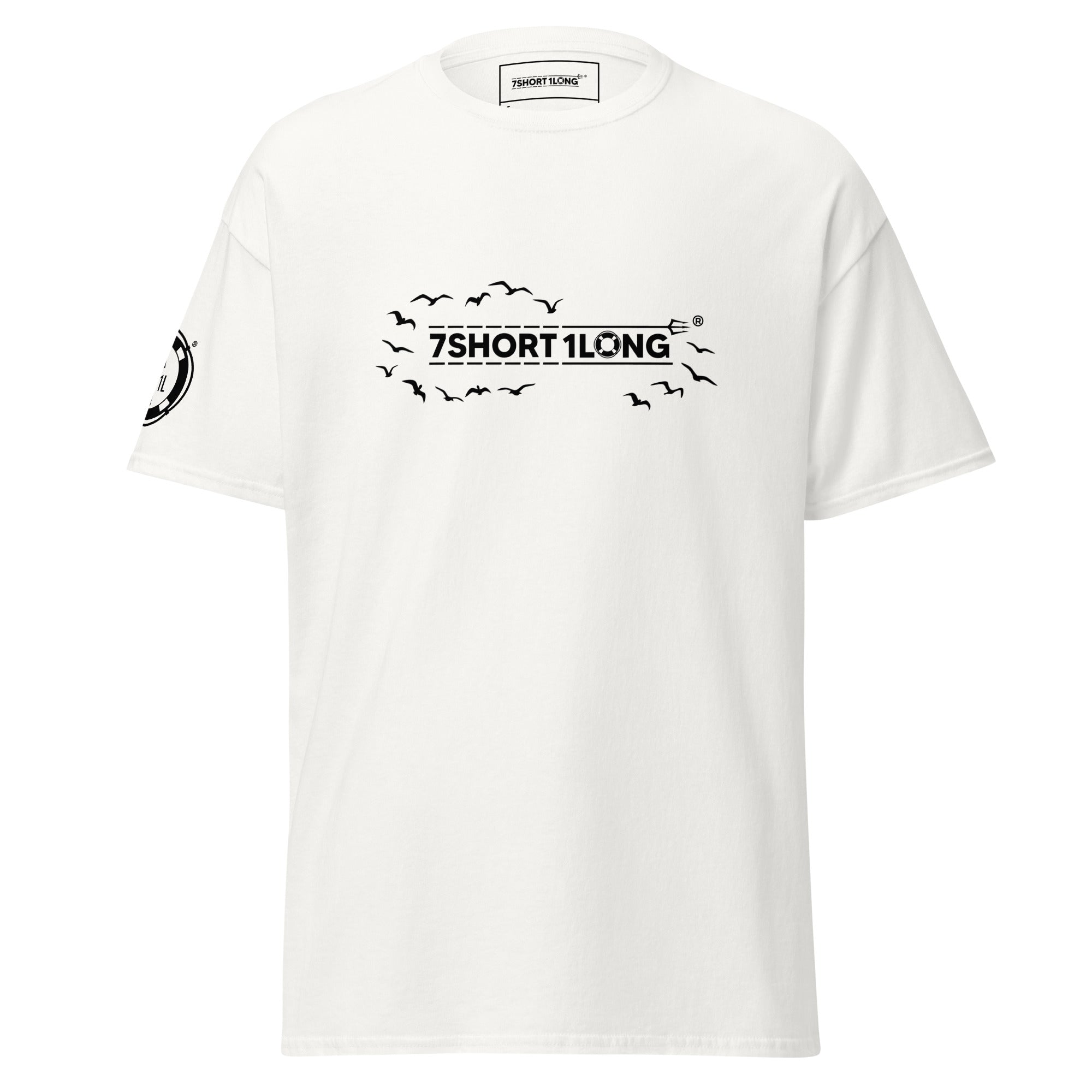 White Seagull Club Maritime Seafarer T-Shirt with 7SHORT1LONG logo and flying birds graphic, clean nautical streetwear tee