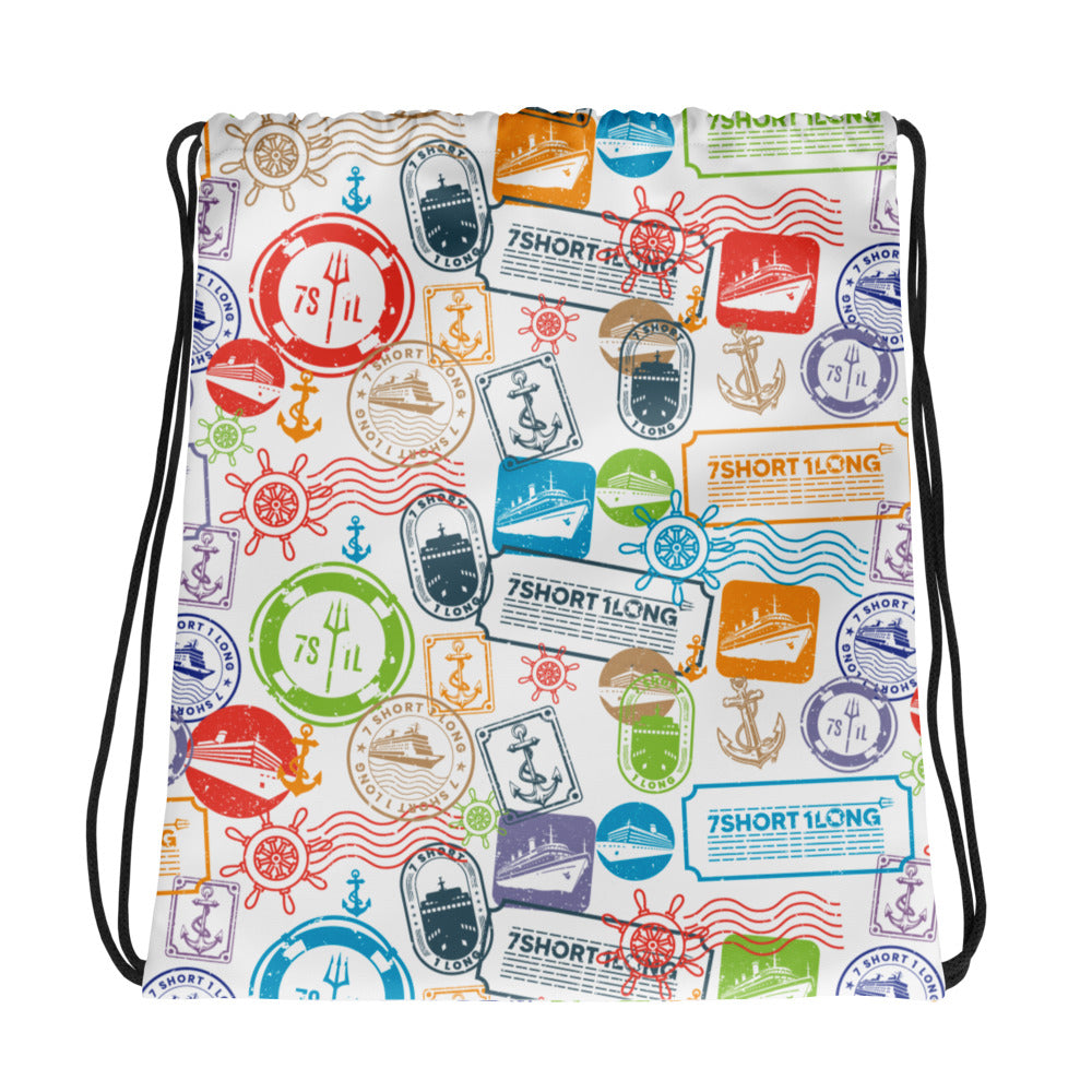 Drawstring bag with colorful stamp-like designs on a white background Main image