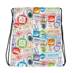 Drawstring bag with colorful stamp-like designs on a white background