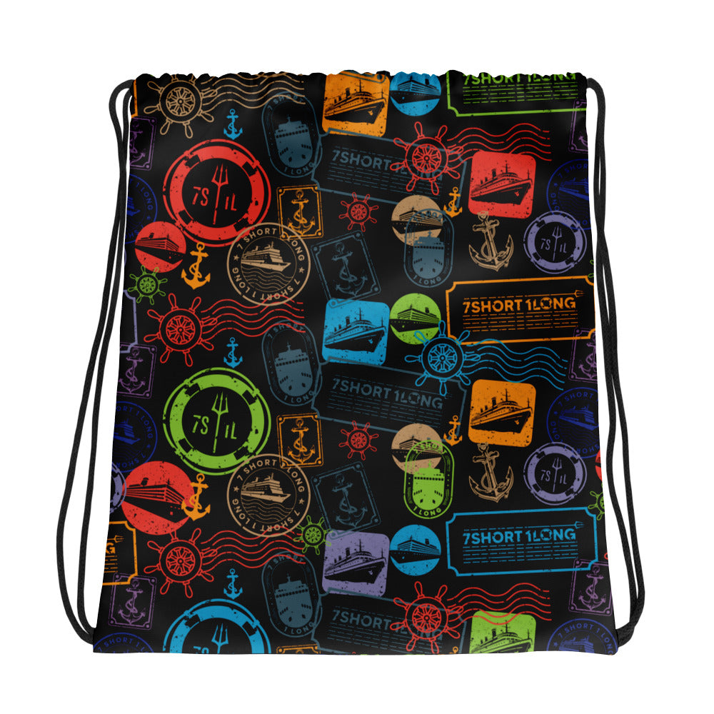 Daz bag with colorful passport stamp design  patterns on a black background