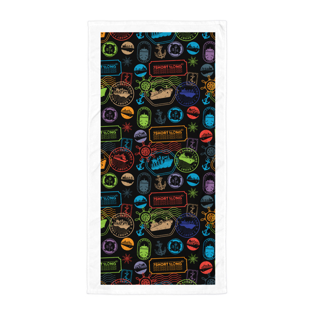 Quick-dry cruise ship pool towel by 7SHORT1LONG® featuring colorful world cruise traveler stamps design.