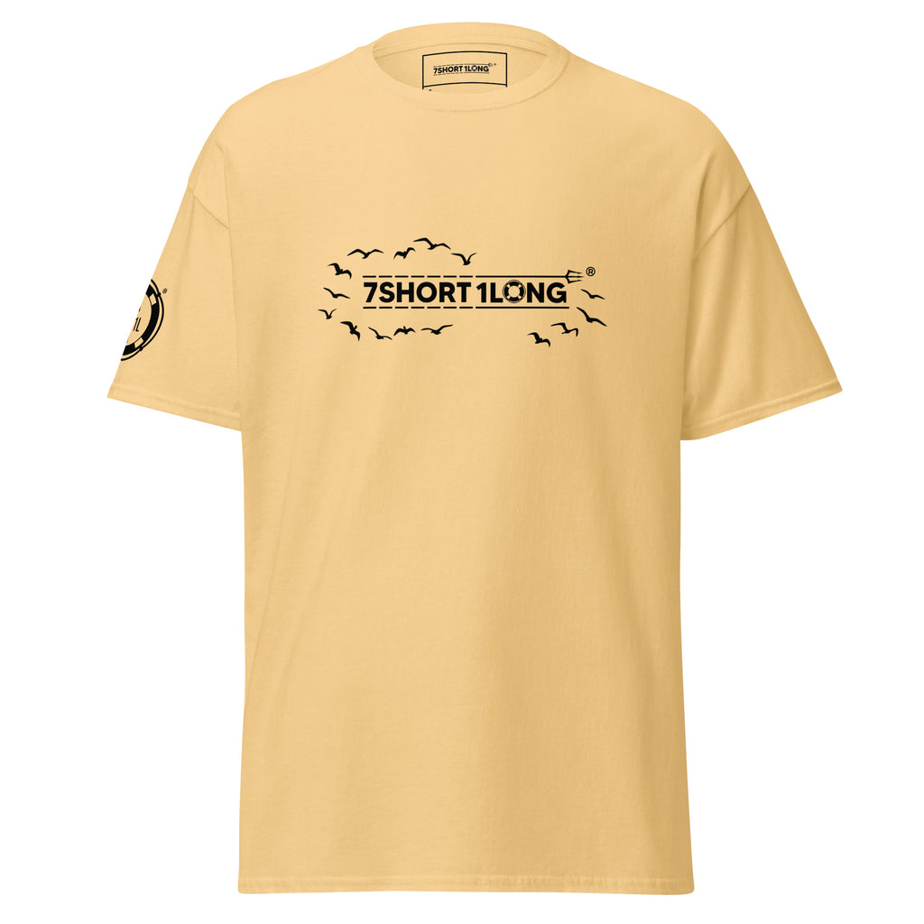 Yellow Seagull Club Maritime Seafarer T-Shirt with bird design and 7SHORT1LONG branding, vibrant nautical streetwear