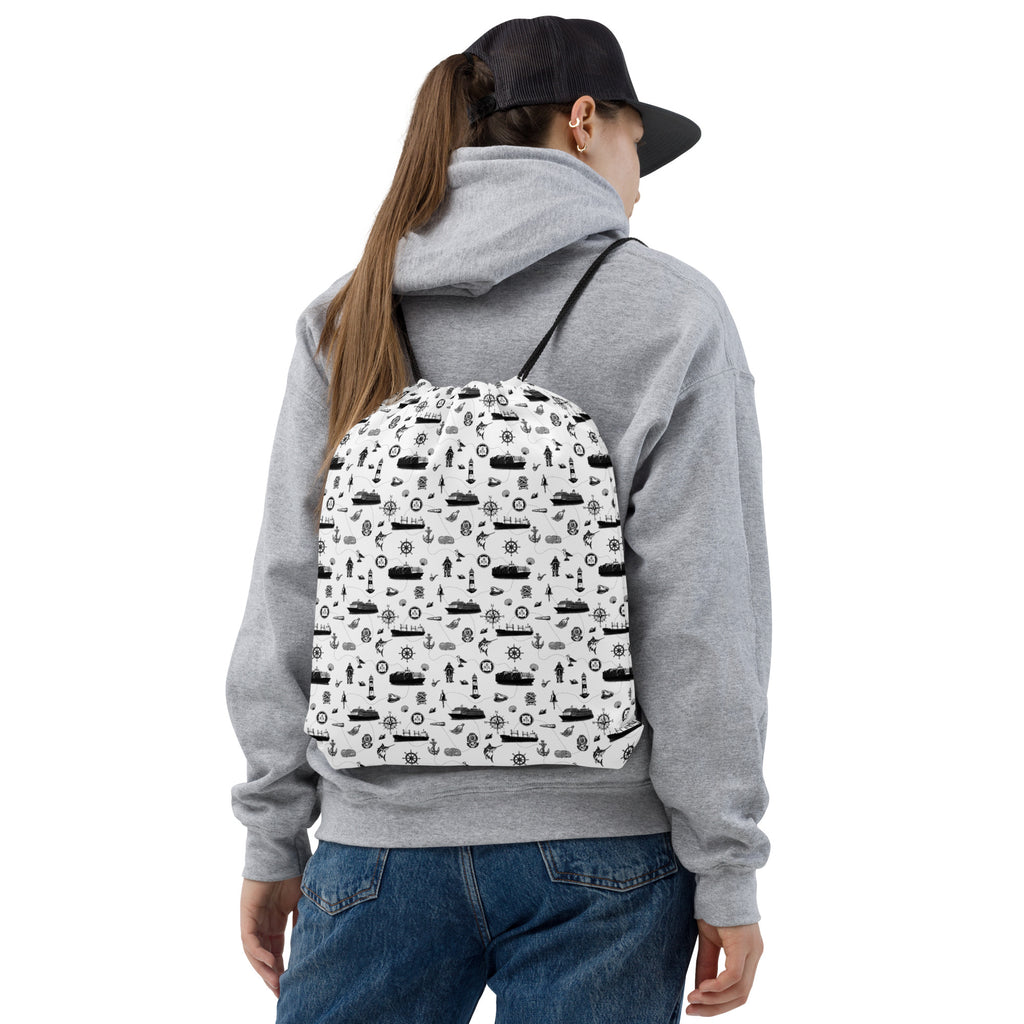 7SHORT1LONG® Cargo Ship Seafarer Daypack with luxury cruise pattern, all-over-print drawstring crew backpack for travel and daily use.