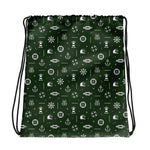 Drawstring bag with maritime pattern on a green background