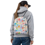 Person wearing a colorful backpack with various stamps design from a world travel on a white background